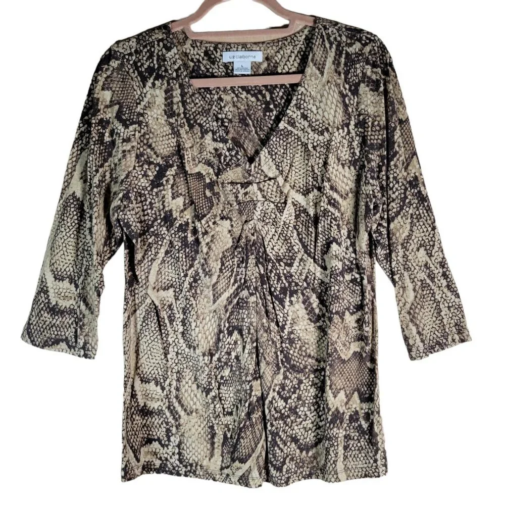 LIZ CLAIBORNE Brown Snake Animal Print V Neck Shirt Women Size L - Picture 1 of 9